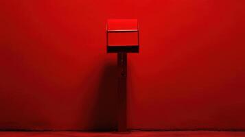 Red mailbox stands against a vibrant red wall in a minimalist urban setting photo