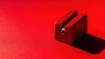 Bright red pencil sharpener resting on a vivid red surface with a strong shadow photo