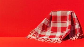 Cozy red and white checkered blanket draped on a vibrant red background for a warm, inviting atmosphere photo