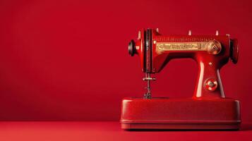 Vintage red sewing machine on a vivid red background with detailed design features and a prominent needle photo