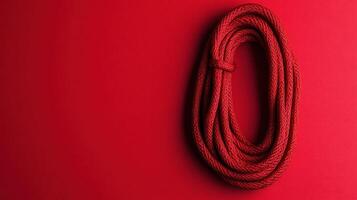 Red rope displayed against a vibrant red wall, showcasing texture and color contrast in a minimalistic setting photo