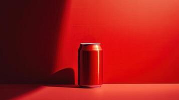 Red soda can positioned against a vibrant red background, creating a striking visual effect suitable for modern advertising photo