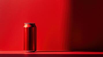 Bright red can stands alone against a vivid red background, showcasing simplicity and color contrast in minimalistic design photo