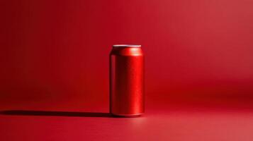 Bright red soda can stands against a vivid red background creating a bold visual contrast photo