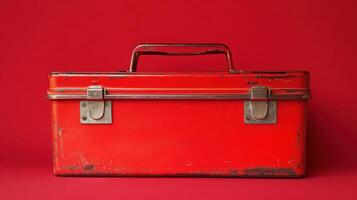 Red metal toolbox with a worn finish sits against a vibrant red background showcasing rustic charm and vintage appeal photo