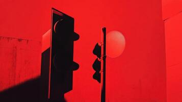 Bright red traffic light against a stark wall creates a striking urban visual at dusk photo