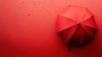 Vibrant red umbrella resting against a bright red background with droplets of water photo