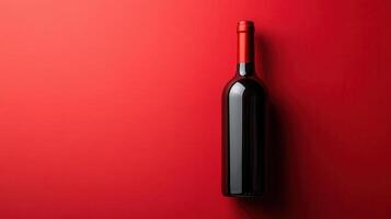 Elegant red wine bottle placed on a vibrant red background showcasing simplicity and sophistication photo