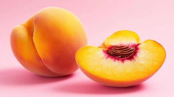 Freshly cut peach with vibrant color and smooth texture on pink background photo