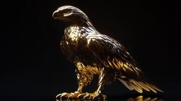 Golden sculpture of a majestic eagle captured in a studio with dramatic lighting at night photo