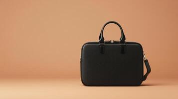 Stylish black bag placed elegantly on a warm-toned background for a minimalist aesthetic photo