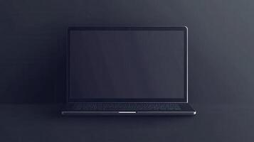 Modern laptop with blank screen on minimalistic desk background in a dimly lit room during evening hours photo