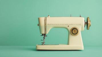 Vintage sewing machine on a teal background showcasing classic design and craftsmanship photo