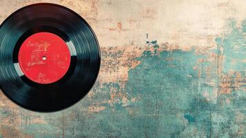Vintage vinyl record resting on a textured background showcasing music's timeless appeal and retro charm photo