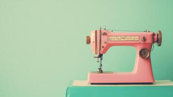 Vintage pink sewing machine on a teal table against a pastel wall photo