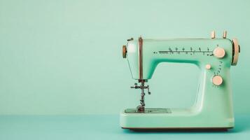 Classic sewing machine in mint green color on light surface against pastel backdrop showcasing a nostalgic craft tool photo