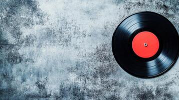Vinyl record with red label on textured gray background in a music-themed setting photo