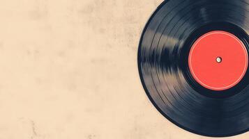 Classic vinyl record resting on a textured surface showcasing its red label and grooves under soft lighting photo