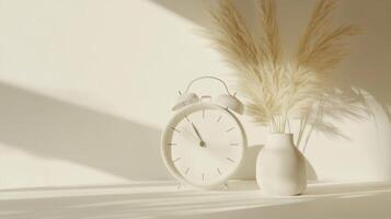 Soft morning light illuminates white clock and vase with pampas grass on a minimalist surface photo