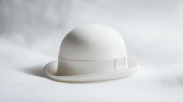 Elegant white bowler hat displayed on a soft textured surface for artistic presentation photo