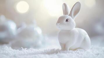 White rabbit figurine sits gracefully on soft snow-like surface with blurred background creating a serene atmosphere photo
