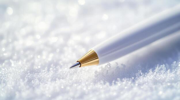 Elegant white pen resting on fresh winter snow, capturing tranquility and contrast in a serene setting photo