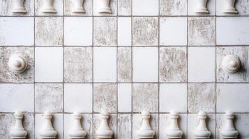 White chess pieces arranged on a distressed board ready for a strategic game of chess photo