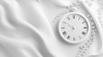 Elegant white clock on draped fabric with pearls set in a tranquil, luxurious arrangement photo