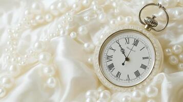 Vintage pocket watch resting on luxurious fabric with pearls, creating a timeless elegance in soft lighting photo