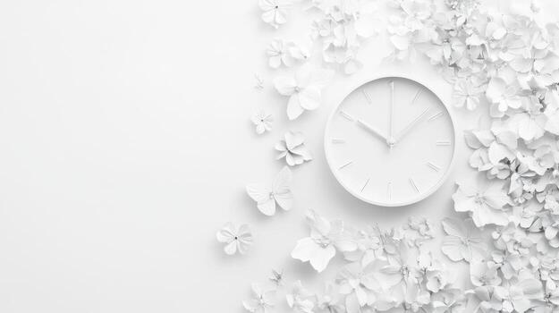Decorative clock surrounded by delicate white flowers on a minimalist background in a modern space photo