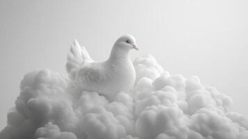 White dove perched peacefully among soft, fluffy clouds in a serene atmosphere photo