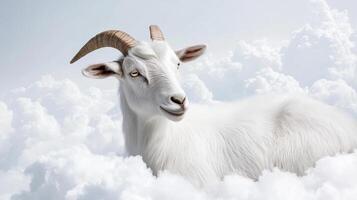 Goat resting on fluffy clouds in a serene sky setting with a peaceful expression photo