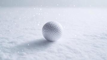 Snow-covered golf ball resting on a white surface during winter weather with falling snowflakes photo