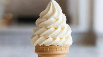 Creamy vanilla ice cream swirled high in a waffle cone held against a blurred background photo