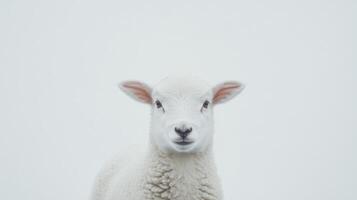 Young lamb stands against a neutral background, showcasing its soft white fleece and gentle expression during a calm day photo