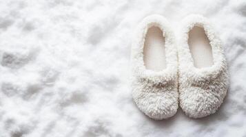 Cozy white slippers resting on a soft, snowy surface in a serene indoor setting during winter photo