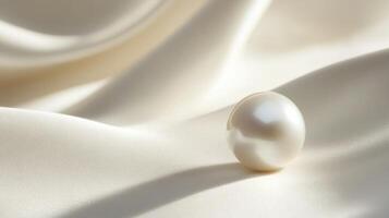 Elegant pearl resting on smooth satin fabric with soft natural light reflecting its luster photo