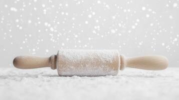 Rolling pin covered in flour on a snowy surface creating a festive baking atmosphere photo