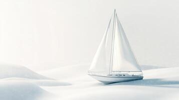 Sailboat gliding through a surreal winter landscape with soft snowdrifts and a hazy atmosphere photo