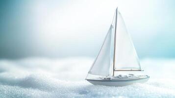Small sailboat floating on soft white clouds under a bright sky photo