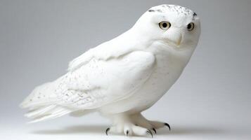Snowy owl perched quietly on a neutral background, showcasing its unique feathers and features photo