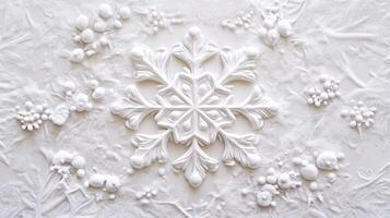 Intricate snowflake design made from white icing decorating a festive winter dessert table photo