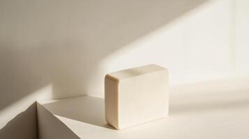 Minimalist white soap block on a bright corner shelf in a sunlit room during the day photo