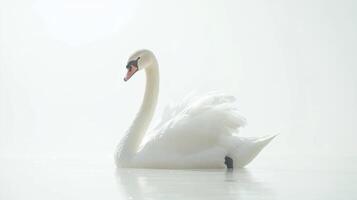 Elegant white swan gliding gracefully across a serene, misty lake during early morning hours photo