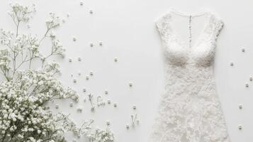 Elegant lace wedding dress displayed with delicate blooms and pearls against a soft background photo