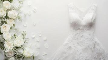 Elegant wedding dress surrounded by fresh white roses and delicate petals on a soft background photo