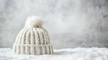 Cozy winter hat resting atop fresh snow against a soft gray backdrop in a serene setting photo