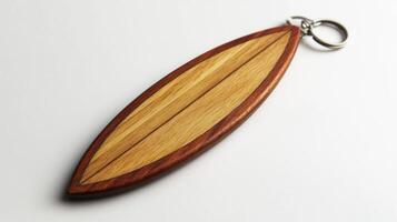 Unique wooden surfboard keychain crafted with attention to detail for surf enthusiasts and collectors located in a cozy workshop photo