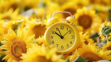 Bright yellow clock sits amidst vibrant sunflowers in a sunny garden setting on a warm summer day photo