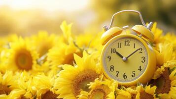 Bright yellow clock surrounded by sunflower blossoms in a sunny field during golden hours of the day photo